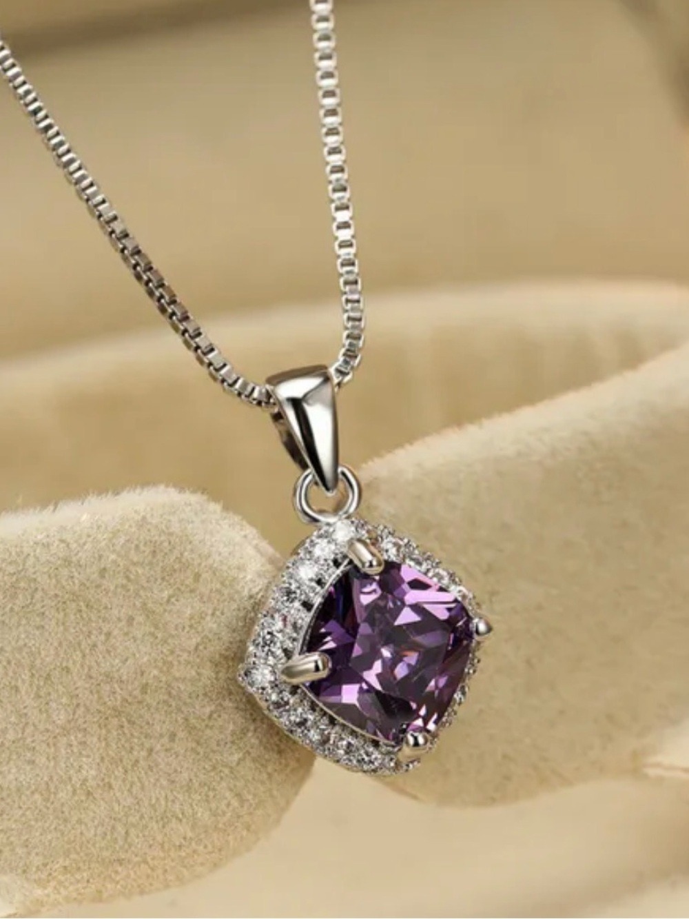Emerald Sapphire Purple Gemstone with Cubic Zirconia Pendant / Silver necklace